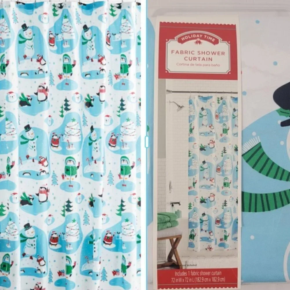 Snowman Blue Printed Christmas Fabric Shower Curtain - Size 72”x72”
